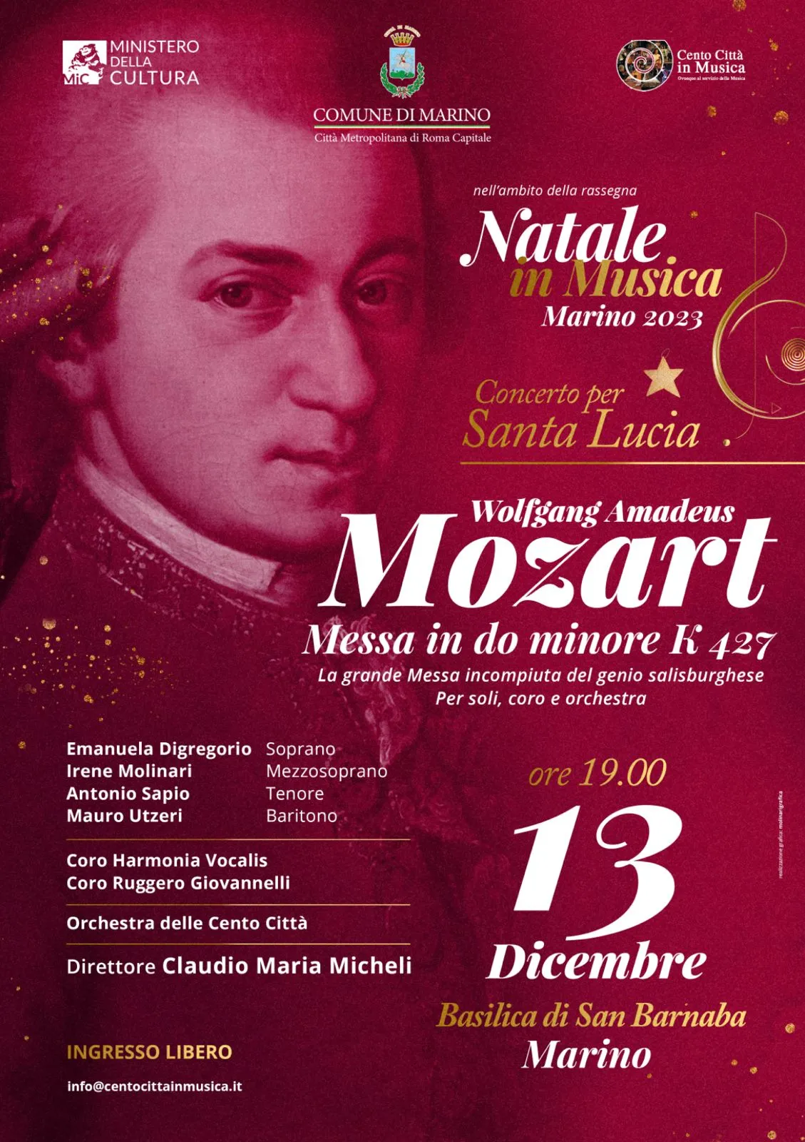 Poster: Mozart, Great Mass in C minor K. 427, wednesday 13 December 2023, Marino