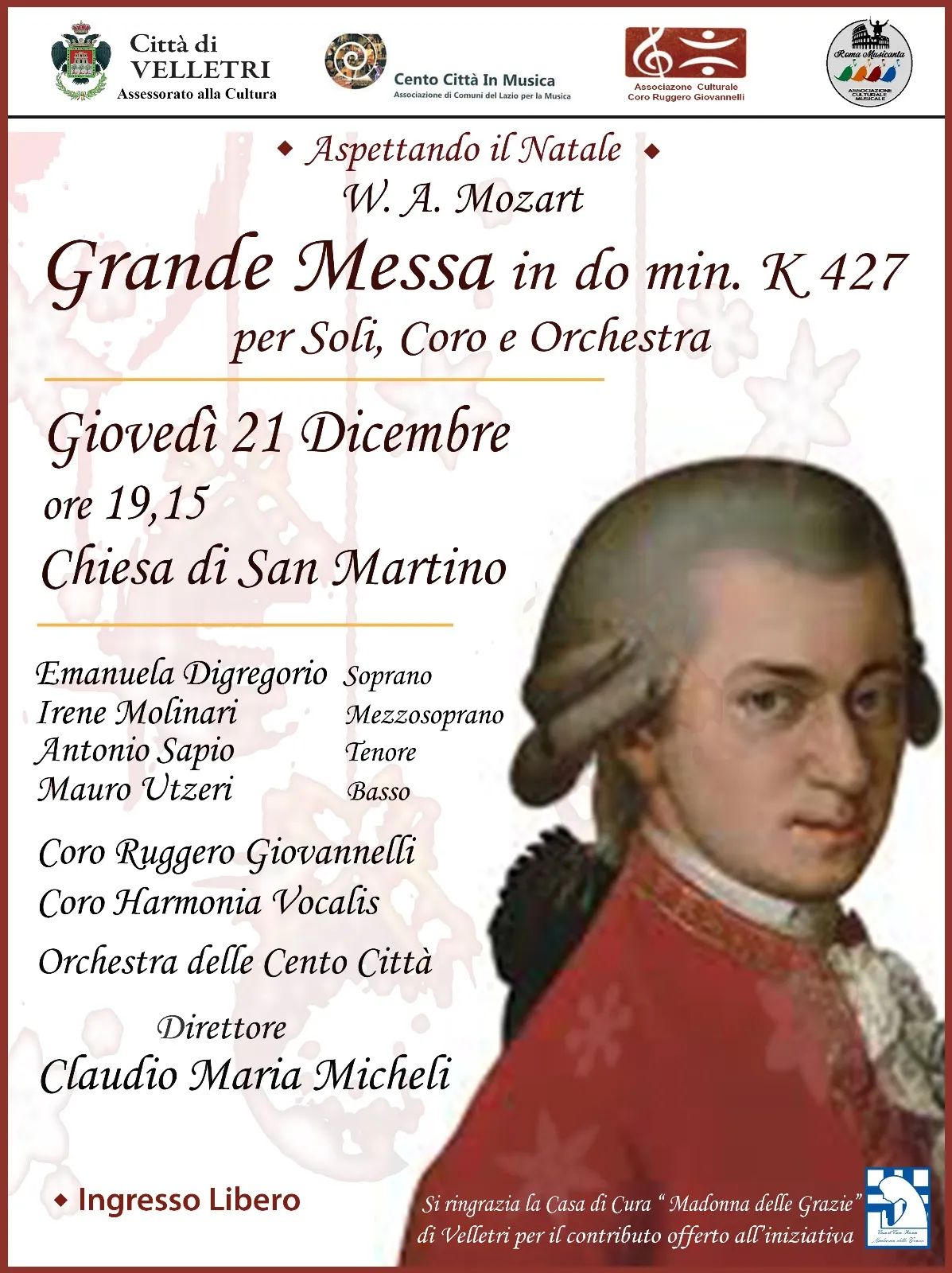 Locandina: Mozart, Grande Messa in do minore K 427, giovedì 21 dicembre 2023, Velletri
